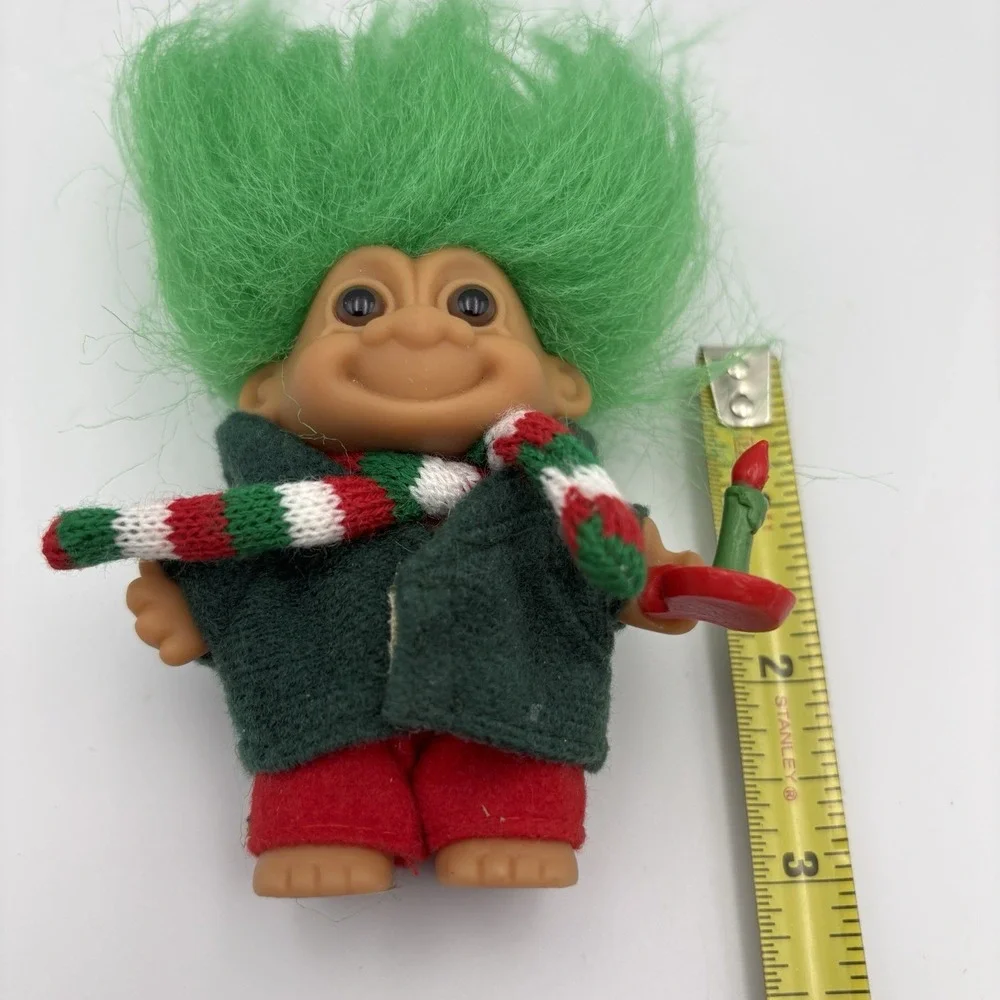 Vintage Christmas Caroler Elf Lucky Troll Doll by Russ Green Hair & Candlestick